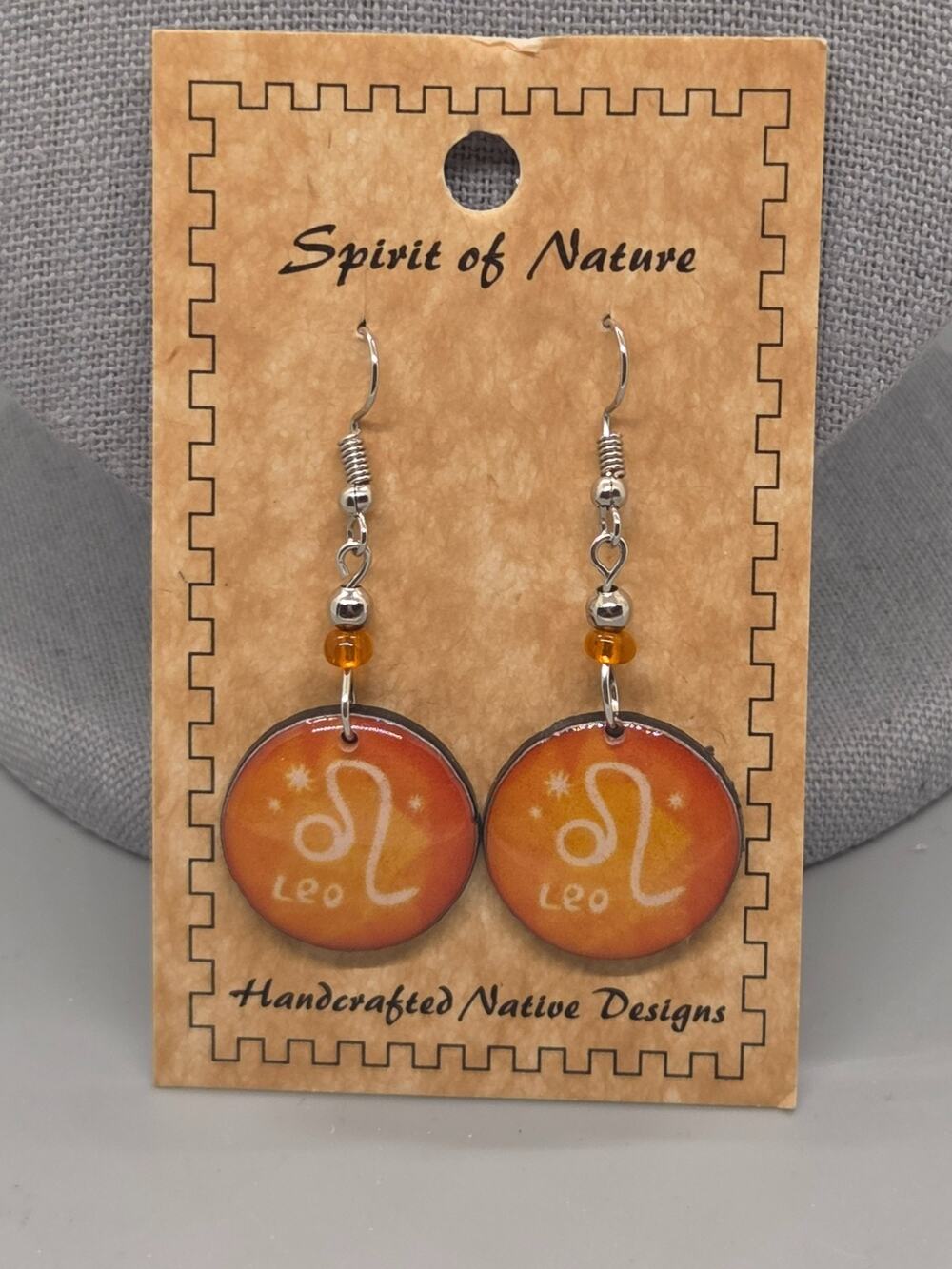 Spirit of Nature Earrings LEO - Astrological Sign- Round -Orange White
